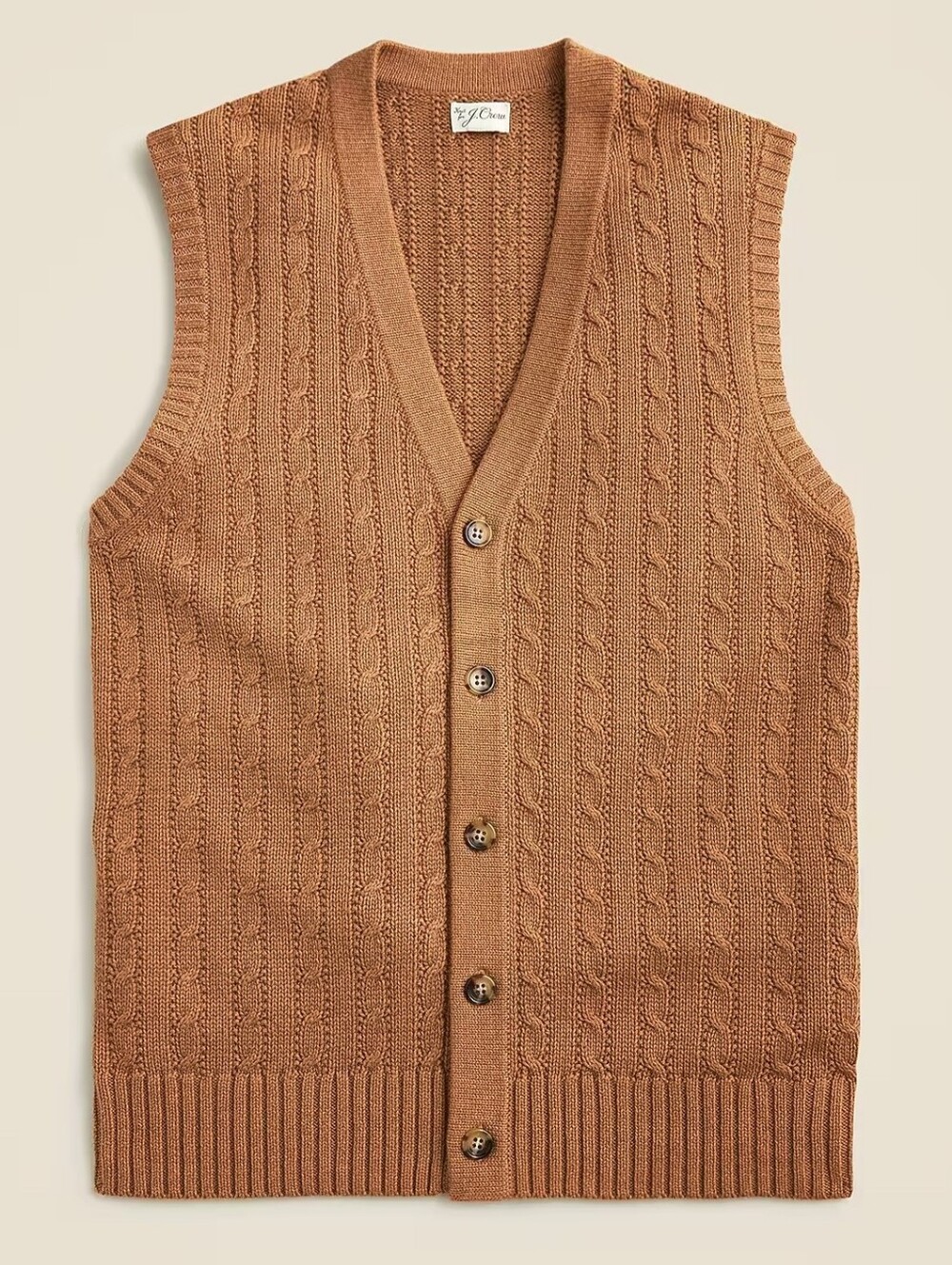 J Crew Men's Heritage Cotton Cardigan Sweater Vest Cable Knit Size L Camel Brown